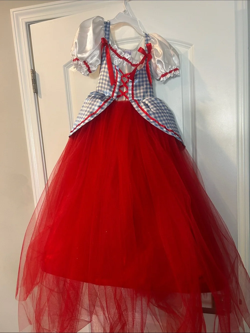 Red Tulle Kids Costume Dress with Blue Gingham Bodice